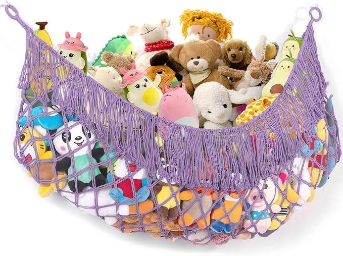Stuffed Animal Hammock - Extra Large 63'' Long (Lavender) | Premium Cotton Hand-knitted, Beautiful Long Tassel, Storage Hanging Organizer, Can Fit Stuffed Animals 40 Piece or More