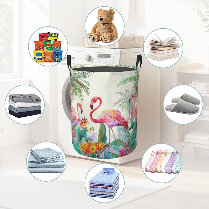 Laundry Basket With Handle, Dirty Clothes Laundry Hamper, Oxford Cloth Bin Storage Organizer for Toy Collection (Palm Tree Flamingo)
