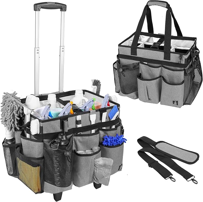 Extra Large Rolling Cleaning Caddy Bag with Detachable, Foldable Trolley Portable Cleaning Cart for Housekeeping Cleaning Caddy with Adjustable Shoulder Strap and Multiple Storage Pockets