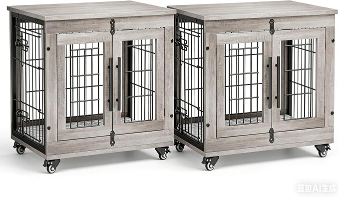 2 Pack Dog Crate Furniture, 27.1'' Heavy Duty Kennel with Cushion & Wheels | Grey, Double Doors, Wooden Dog Cage, Chew-Resistant, End Table, Decorative, 27"/32"/38"/44" Options, Indoor