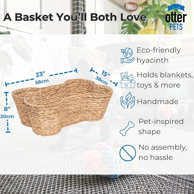 OtterPets Dog Toy Basket, Hyacinth Bone Shaped Dog Toy Bin, 23" x15” | Handmade dog toy box, dog toy storage, dog basket, basket for dog toys, dog storage, Large 23 x 15 in