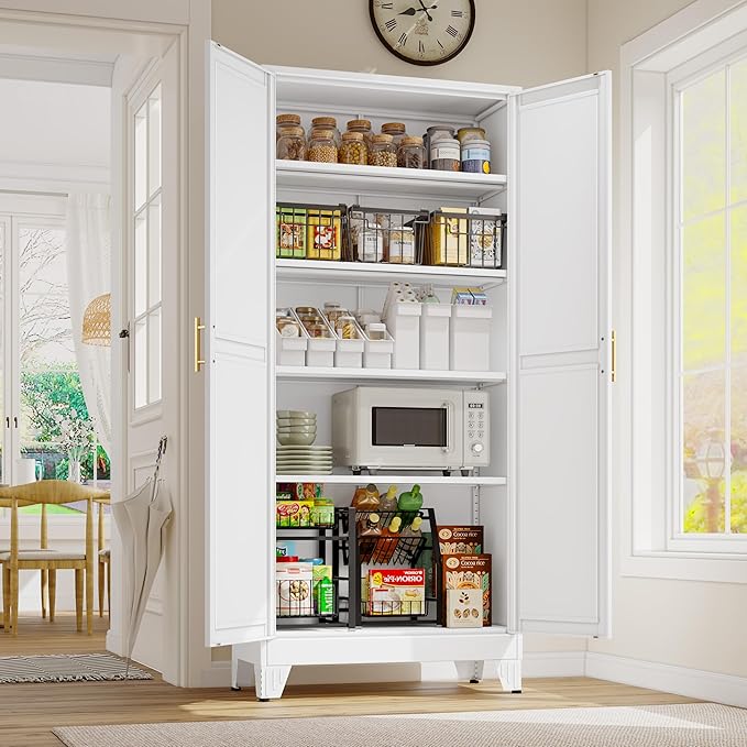 GAIOUS 71" Tall Metal Storage Cabinet with 2 Doors and 4 Adjustable Shelves | Kitchen Pantry Cabinet White Freestanding Cupboard, 5 Tier Multifunctional Steel Storage for Office, Kitchen, Dining Room
