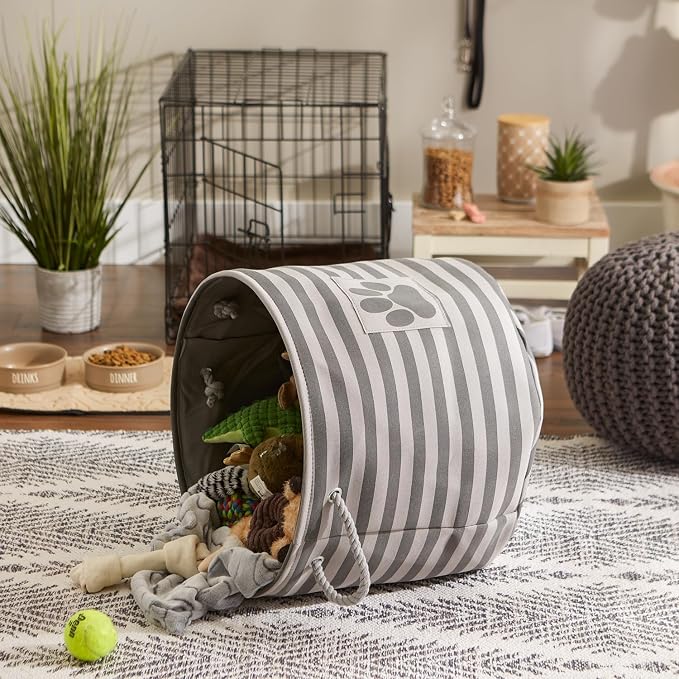 Bone Dry Pet Storage Collection Striped Paw Patch Bin, Large Round, Gray
