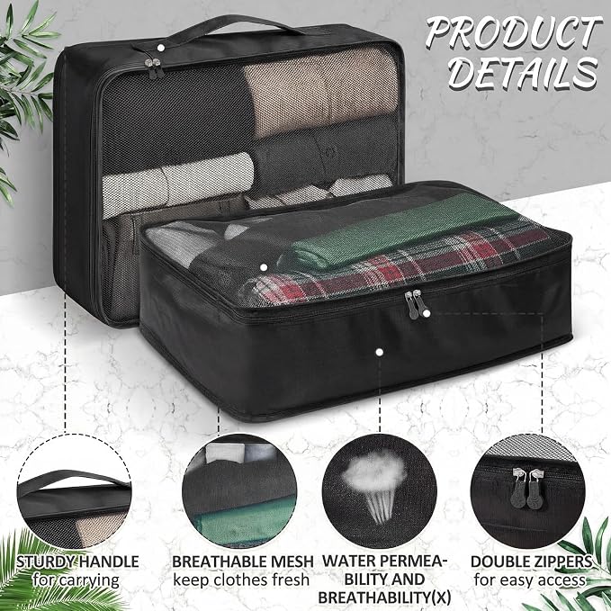 Silkfly 8 Pcs XL Packing Cube for Travel Luggage,Simple,Black | 17.7 x 13 x 4.7, Same Size, Black Suitcase Storage Organizer Set, Reusable Mesh Clothes Cube for Hiking Camp Family Accessory