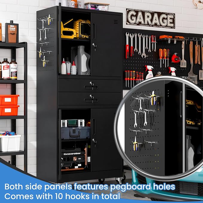 Metal Storage Cabinet for Garage, Tool Cabinet, Utility Cabinet | with Wheels, Tall Tool Cabinet, Lockable, 4 Doors,2 Drawers, Adjustable Shelves, Pegboard, Assembly Required, Black