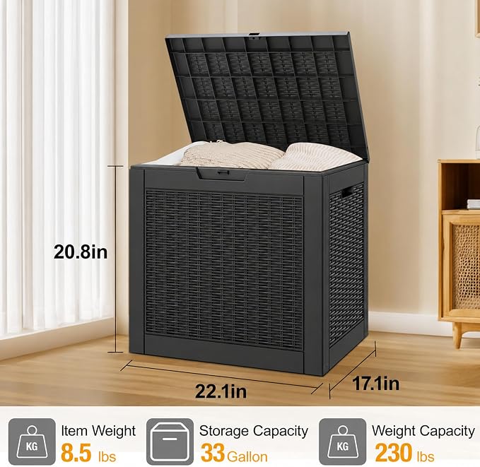 33 Gallon Outdoor Storage Box Waterproof Deck Box for Patio | Black, Resin, Small, Weatherproof, Lockable, Compact, Easy Assembly, Patio Pool Garden Accessories Storage, Organization