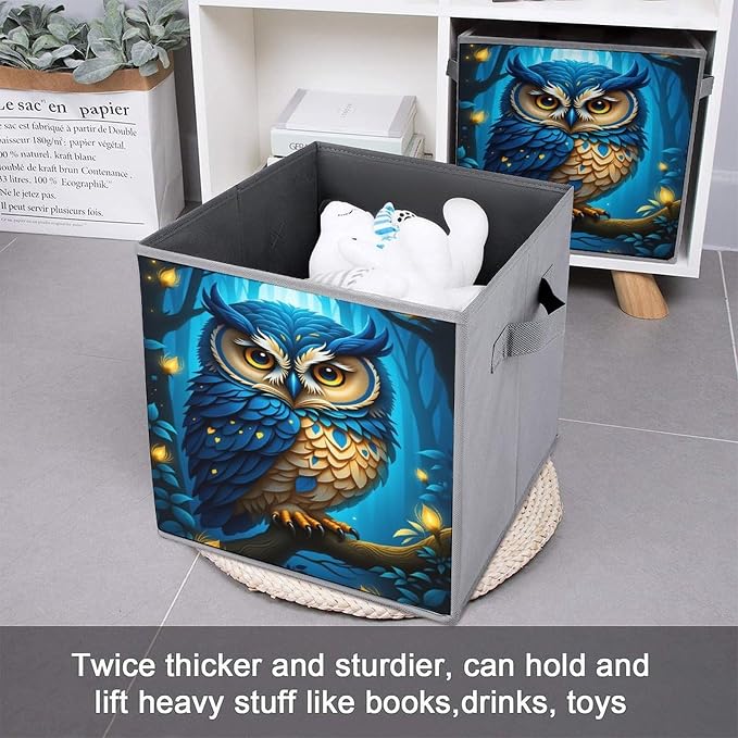 Moonlit Owl Foldable Storage Bins, 10.6" Cube Storage Organizer, Sturdy Oxford Cloth Fabric Baskets for Closet, Shelf, Nursery, Bedroom, Decorative Printed Box for Toys & Clothes