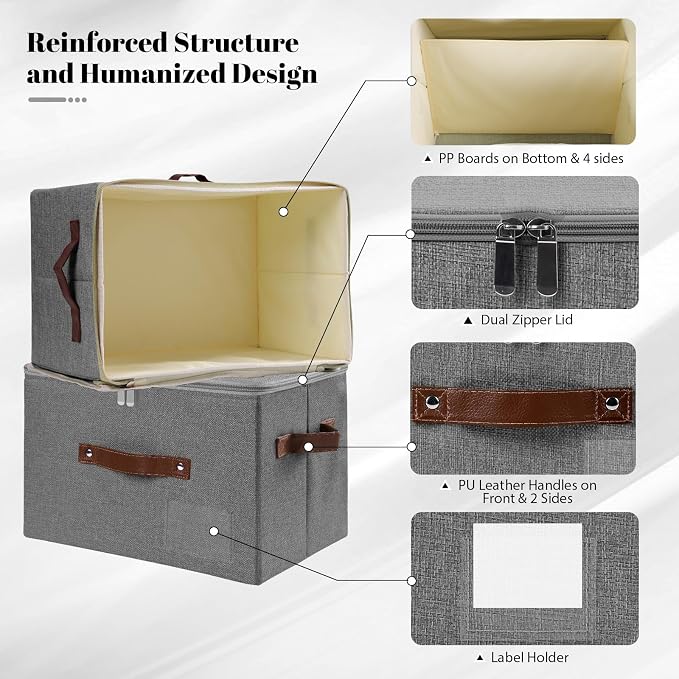 ANMINY Storage Box Fabric Bins with Zipper Lid, 17.7"x13.8"x10" Gray, 3PCS | Keepsake Box, Decorative, Cotton Linen, Reinforced PP Board Frame, Washable, Stackable & Foldable, Label Holder & PU Handles