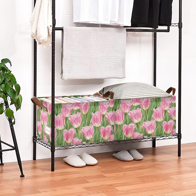 Pink Tulip Flower with Green Leaves Storage Bins for Shelves with Labels&Handles Fabric Organizer Bin Foldable Rectangle Storage Basket Boxes for Closet, Bathroom, Home, Living Room, 2 Pack