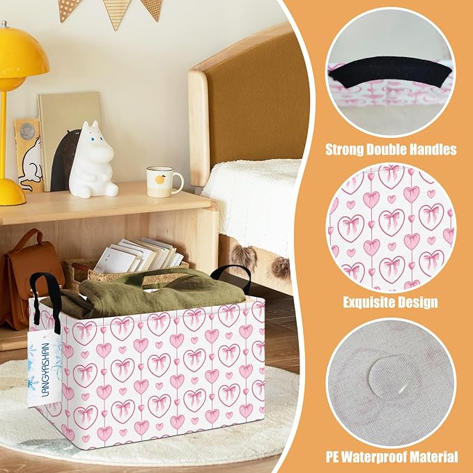 Rectangular Collapsible Pearl Heart Storage Basket Nursery Toy Organizer | Storage Bin Foldable Canvas with Handles for Organizing Home Kitchen Children Toys Office Closet Shelf Baskets