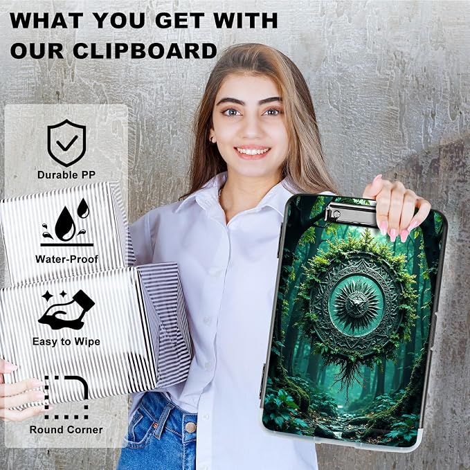 A4 Clipboard with Storage Pen Holder, Clipboards Organizer Nursing Clipboard Foldable File Folder Plastic Clipboard Folio Clip Board for Office Work Classroom Doctor, Forest Wind Chime
