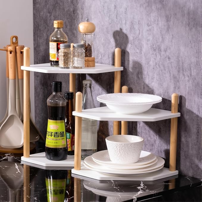 2-Tier Extra Tall Bamboo Corner Shelf, Kitchen Countertop Wine Bottle Organizer, Corner Counter Storage Rack for Pantry, Spice & Wine Organizers and Storage