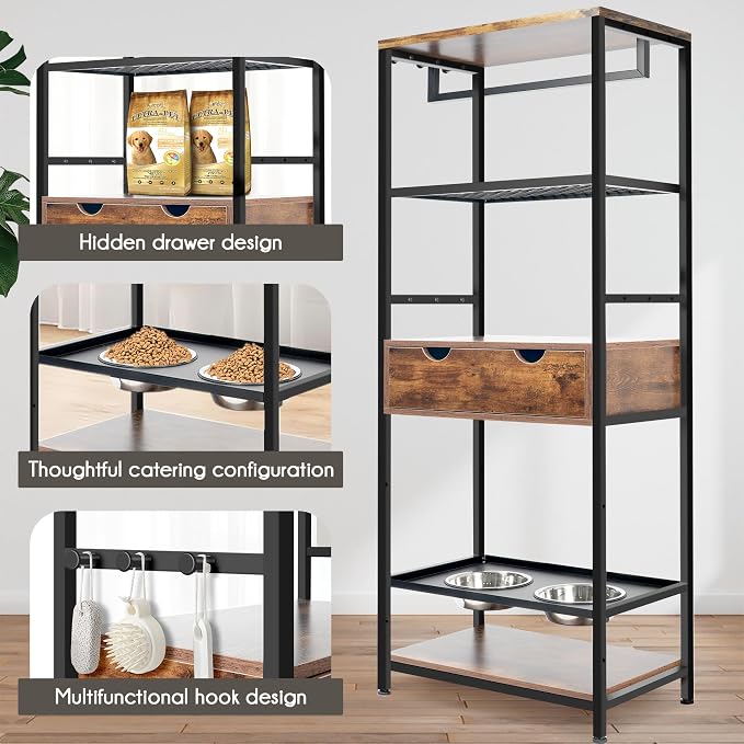 Dog Feeding Station Dog Feeder Station 3 Height Adjustable Raised Dog Bowls | Dog Storage Organizer with Shelves and 1 Drawer for Large Medium Dogs Cats, Black+Vintage