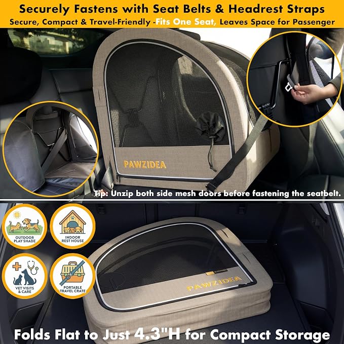 PAWZIDEA Portable Dog Crate for Car Travel, Medium & Large Dogs Up to 80lbs | Enclosed Soft-Sided Dog Car Kennel for Backseat, Secures w/ Seatbelt & Headrest Strap, Collapsible Car Carrier, Chew-Proof