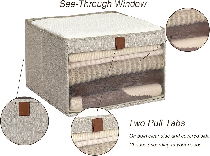 StorageWorks Closet Storage Bins, Storage Baskets, Brown and Beige, 3-Pack | Clear Window for Visibility, Soft Leather Handle, Flip to Show/Hide, Breathable Fabric, Holds Coats, Towels, Blankets, Toys