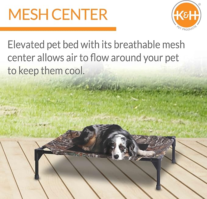 K&H Outdoor Elevated Dog Bed, Cooling Raised Dog Bed, Camo, Medium 32x25in | Pet Cot for Medium & Large Pets, Breathable Mesh Center Hammock Design, Indoor/Outdoor Washable Cover, 32x25in