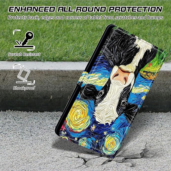 Universal Case for T-Mobile Revvl Tab 2 10.1" Model:9185W 2025/Revvl Tab 5G 10.36" 2023, 360 Degree Rotating Kickstand Protective Stand Leather Shell Cover for 9"-10.5", Black and White Cow