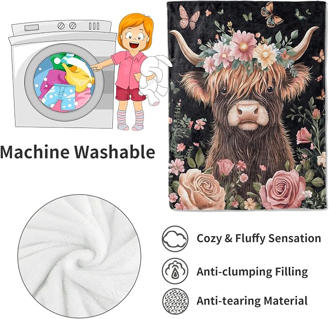 Highland Cow Blanket Cute Cattle with Floral Crown Throw Blankets,Gifts for Kids Adult Women Men,Lightweight Soft Fleece,Nature Lovers,Sofa Couch Bed Room Modern Rustic Decor 40x50in