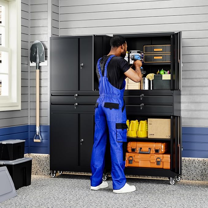 Metal Garage Storage Cabinet with Locking Doors and Adjustable Shelves, 74" Rolling Tool Storage Cabinet with 4 Wheels and 2 Drawer for Garage,Warehouse