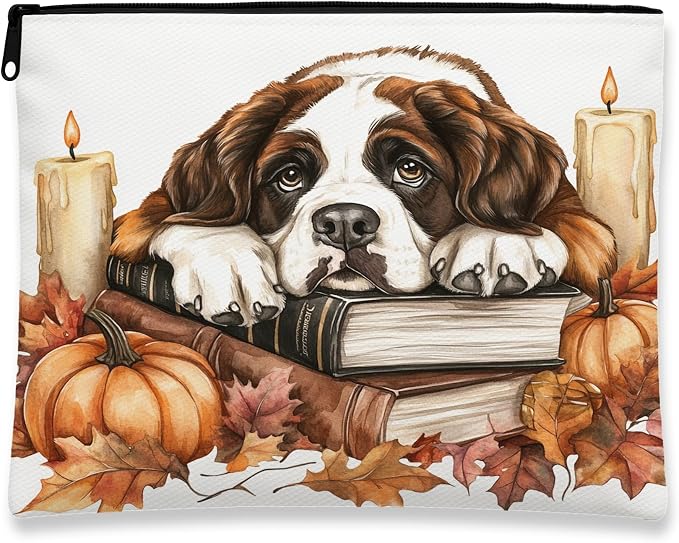 Fall St. Bernard Dog Makeup Bag, Autumn Candle Book Pumpkin Printed Cosmetic Travel Pouch for Women Girls, Pet Portable Small Canvas Zipper Organizer 7x9 Inch