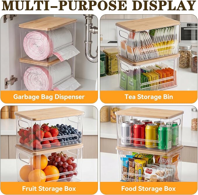 Trash Bag Dispenser Under Sink Organizer for Pantry, Kitchen | Acrylic Garbage Bag Dispenser, with Bamboo Top & Handles, Extra Large, Keep Onions and Potatoes Neat, Clear, Stackable