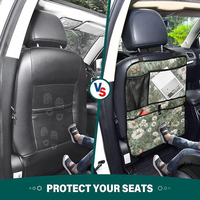 2 Pack Back Seat Car Organizer with Storage Pockets Kick Mats Back Seat Protector Hanging Car Organizer Automotive Seat Back Cover Organizers Summer Daisy Butterfly Green