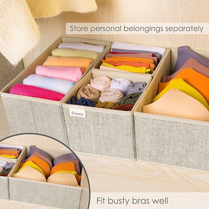 Underwear Drawer Organizer, 6 Set Foldable Underwear Drawer Organizer and Closet Dividers,Storage Box for Clothes, Socks, Underwear (6 Bins, Beige)