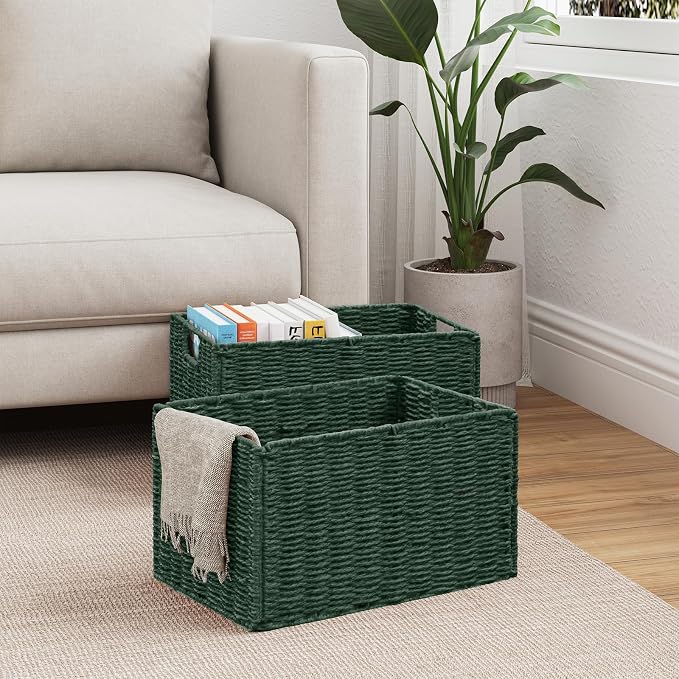 Vagusicc Large Wicker Storage Basket, Collapsible Baskets for Organizing | Set of 2 Hand-Woven Paper Rope Wicker Basket, 15"x 10" Closet Organizers and Storage with Handles Home Organization, Green