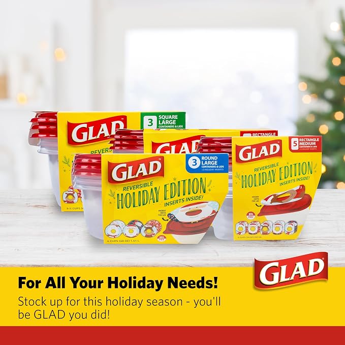 Glad GladWare Holiday Food Storage Containers, Large Square, 42 Oz, 3 Count | BPA-free plastic, reversible gift tags included, microwave, freezer, and dishwasher safe, 42 oz, gifting