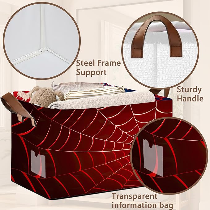 Red Spider Web Pattern Collapsible Box - 17x11.5x10.5 Inch Foldable Organizer for Seasonal Decor, Closet, Under Bed,Halloween Decor, Gothic Storage - Space-Saving Single Pack