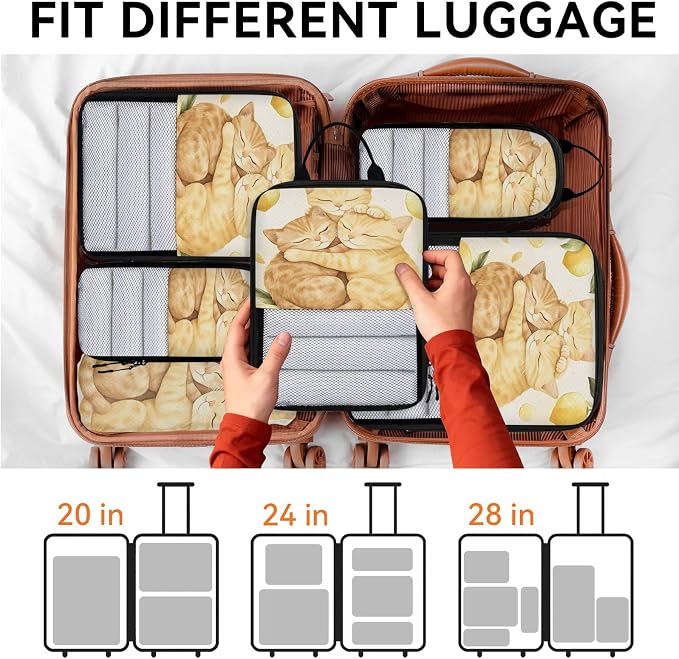 Cute Cats 6 Set Compression Packing Cubes Fruit Lemons Expandable Packing Organizer for Travel Accessories Luggage Suitcase Bag