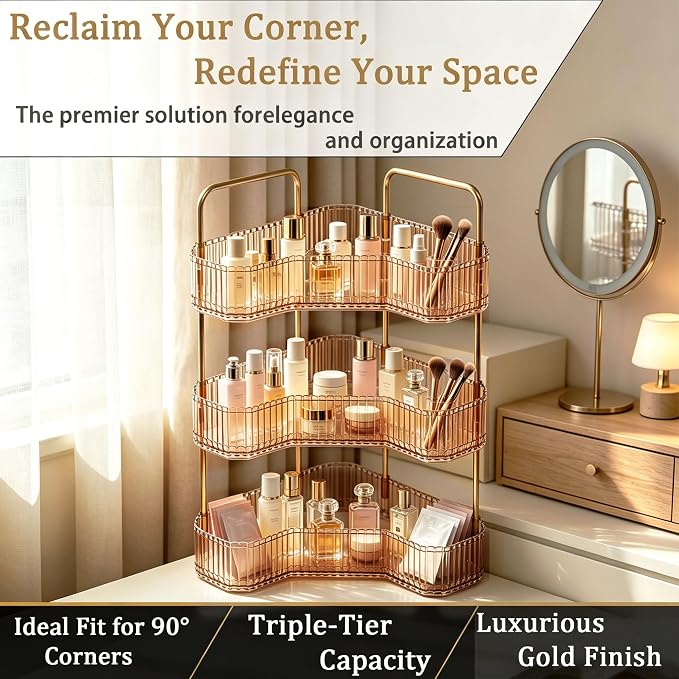 3-Tier Corner Bathroom Organizer, Skincare Vanity Counter Shelf Orange | Premium PET Perfume Display Stand with Gold Metal Rods, Space-Saving 90 Degree Storage Rack for Dresser