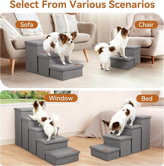 Zerbuger Dog Stairs with Storage, Grey 2 Steps Dog Ramp no Condo for Bed | 12" H Wider Dog Steps for Beds Couch, Folding Storage Pet Stairs Gift for Climbing Small/Medium/Large Old Dogs Cats