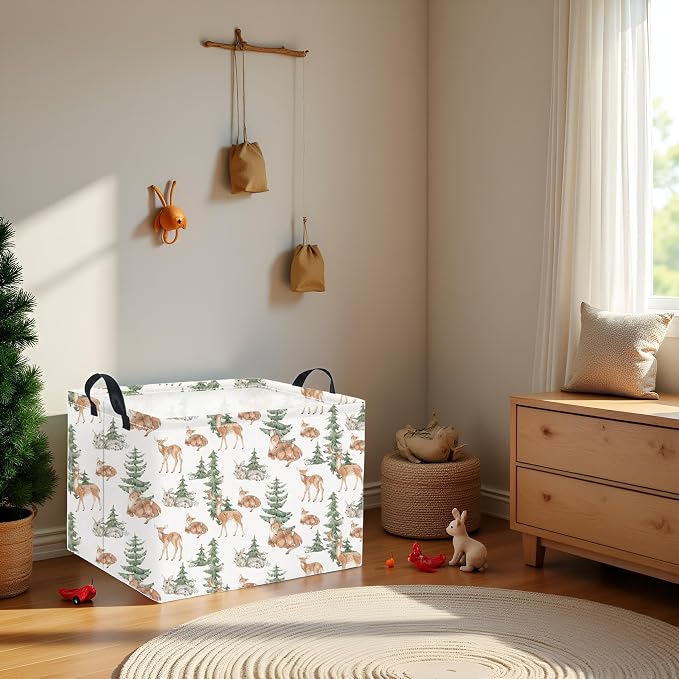 Rectangular Baby Girl Basket Kids Baby Storage Basket Storage Bin Organizer Box Room Decor(Forest Deer)