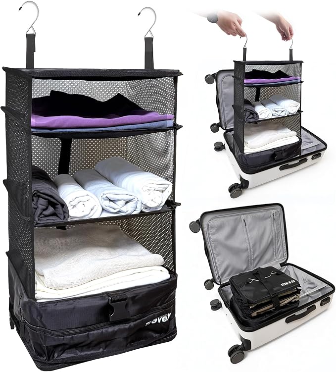 Stow-N-Go Hanging Travel Shelves, Packing Organizer for Luggage. Carry on Closet for Suitcase. Expandable Packing Cube. Travel Essentials. (Black - L, L = (L) 11.8" x (W) 11.8")