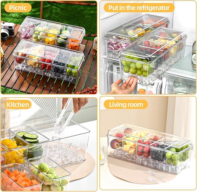 Large Chilled Condiment Caddy,Stackable Chilled Condiment Containers Server with Lids for 5 Removable Compartments (5 Containers, 2 pack)