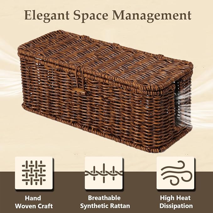 Cable Management Box, Cord Organizer with Lid & Cable Ties - Brown Large | Handmade Open Slots Cord Hider Outlet Covers for Power Strip TV PC Router Charger Under Desk Storage