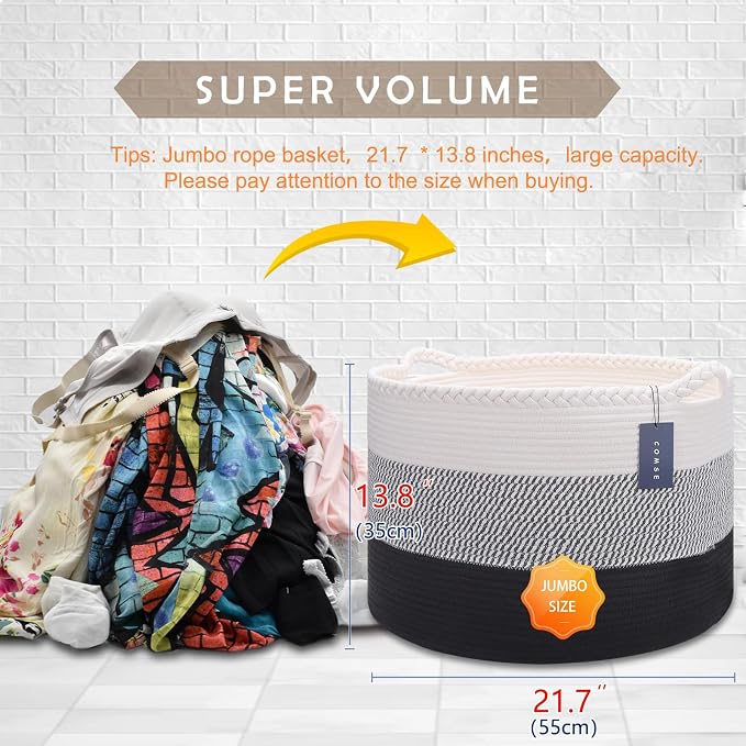 COMSE XXXLarge Woven Blanket & Laundry Basket, 87L, White &Gray &Black | 21.7"x 13.8", Cotton Rope, Nursery Hamper for Storage of Toys, Clothes & Towels, Ideal for Living Rooms, Bedrooms & Bathrooms