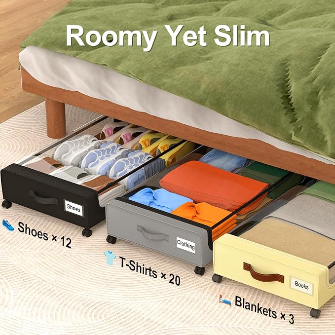 GoMaihe Under Bed Storage with Wheels 48L Black 4-Pack | Underbed Storage Containers with Lids Rolling Drawers & Bins for Shoes Clothes in Dorm Bedroom - Space-Saving Easy Pull-out