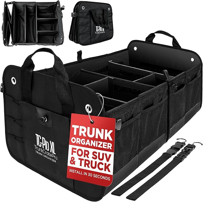Car Trunk Organizer for SUV, Truck & Auto Cargo Storage, XL Black | Fits Cars, SUVs & Trucks 6 Adjustable Compartments Non-Slip Base & Securing Straps Foldable 11 Pockets Car Accessories