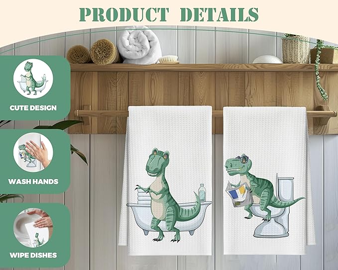 Bath Towels Set of 2, Dinosaur Dish Towel for Bathroom Spa Washroom, Cute Animals Fast Drying Decorative Hand Towels, Funny Housewarming for Dinosaur Lovers Women Mom -05