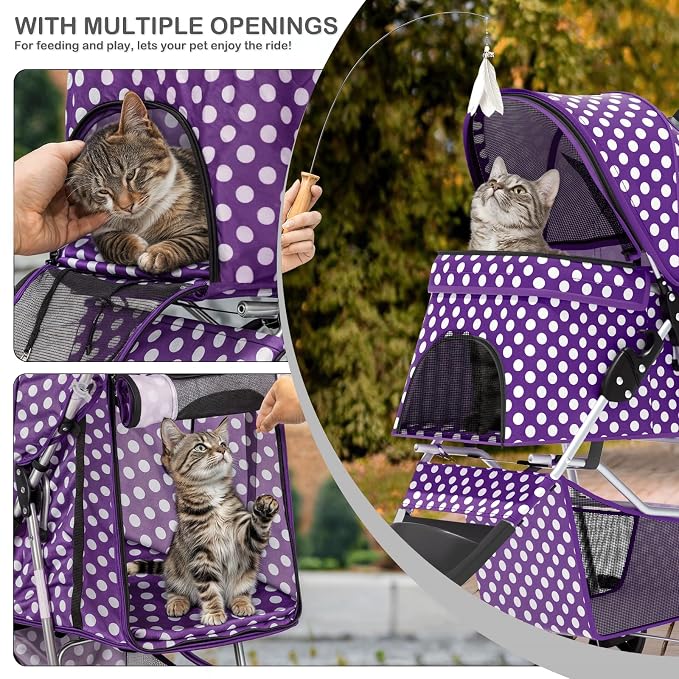 MoNiBloom Pet Stroller for Small/Medium Dogs and Cats, Purple Polka Dots | Foldable Dog Stroller 3 Wheels Pet Strolling Cart w/ Storage Basket Cup Holder, Breathable and Visible Mesh for All-Season