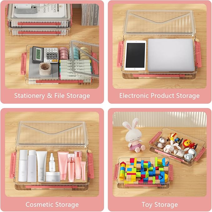 SAYEEC Clear File Storage Box Portable Project Case with Handle Plastic Storage Container with Lid Stackable Flat Storage Bin Document Magazine Protector Organizer for A4 Paper Photo Craft Scrapbook
