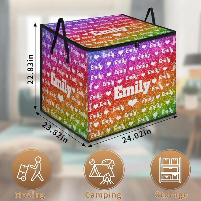 Personalized Storage Bags with Lid Large Blanket Love Heart Organization and Storage Containers for Comforters,Bedding, Foldable Organizer with Reinforced Handle, Deep Bright Color Sequins Glitters