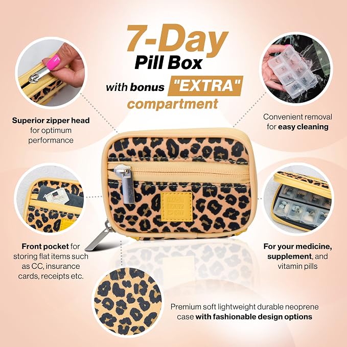 Made Easy Kit Pill Case - Weekly Medicine Organizer with Removable Seven-Day Vitamin & Supplement Box (Cheetah)