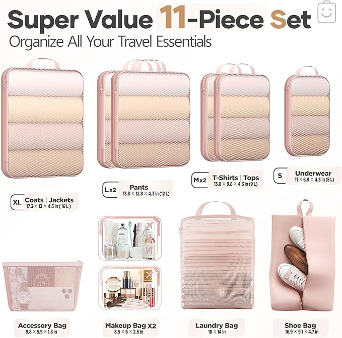 Veken 11 Set Compression Packing Cubes Garment Bags for Travel Essentials,Compressible Expandable Luggage Organizer Bags for Clothing,Space Saver Bags with Over 1000 pcs of Mesh Holes(Beige)