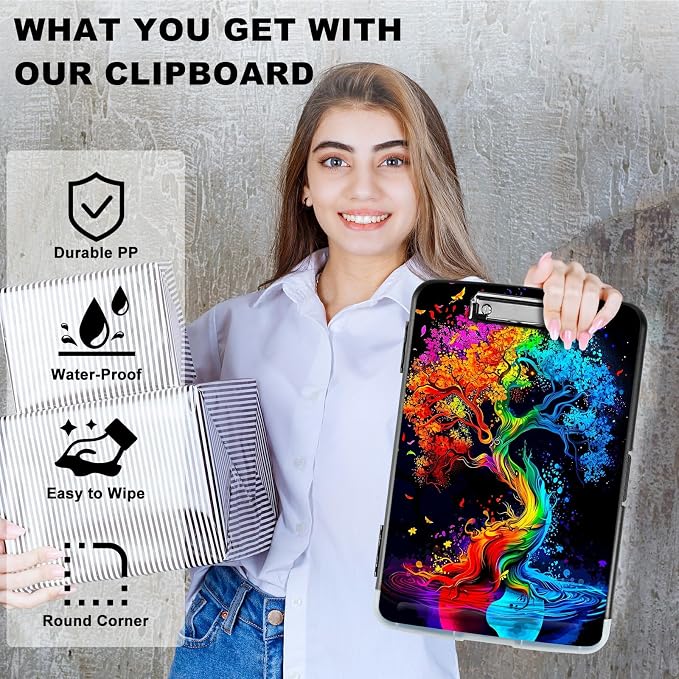 Red Blue Tree A4 Clipboard with Storage Pen Holder, Clipboards Organizer Nursing Clipboard Foldable File Folder Plastic Clipboard Folio Clip Board for Office Students Classroom Doctor