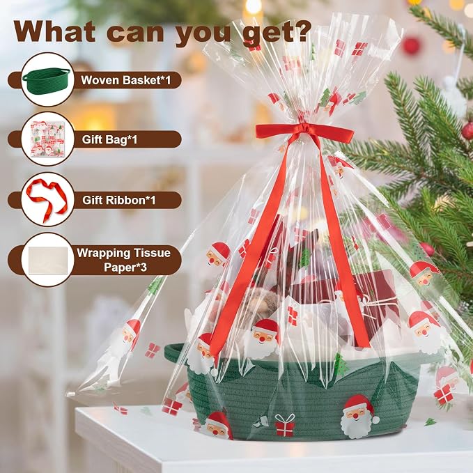 OIAHOMY Gift Basket with Handle, Small Woven Basket with Gift Bag, Ribbon and Wrap Tissue Paper, Nursery Bins Empty to Fill with Small Items, Baby, Pet Toy Organizer - Christmas Green