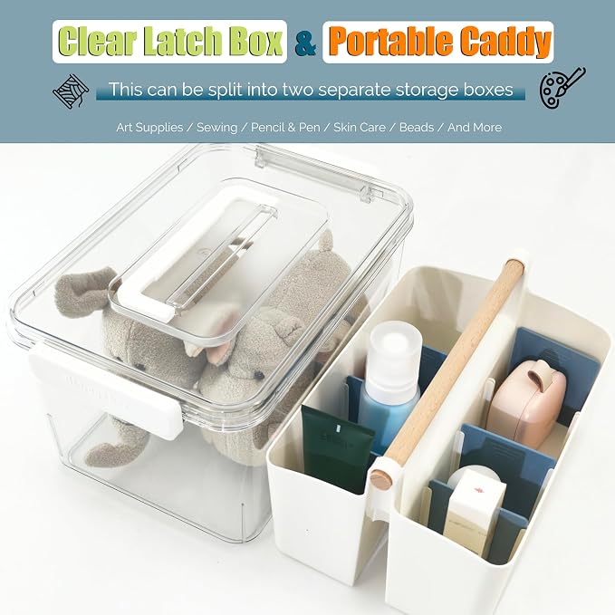 Craft Caddy with Lid and Lift-Out Portable Caddy, Blue | Art Supply Storage, Adjustable Dividers, Clear Storage Organizer, Teacher Supplies, Markers & Brushes, Stackable 11x8x7 in
