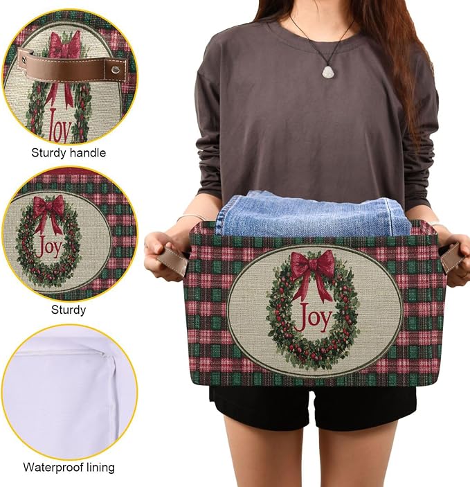 Christmas Joy Wreath Bow Knot Storage Basket with Waterproof Liner and PU Handles Winter Poinsettia Buffalo Plaid Storage Bins Boxes 14.2" Collapsible Decorative Baskets for Bedroom Office 1 Pack